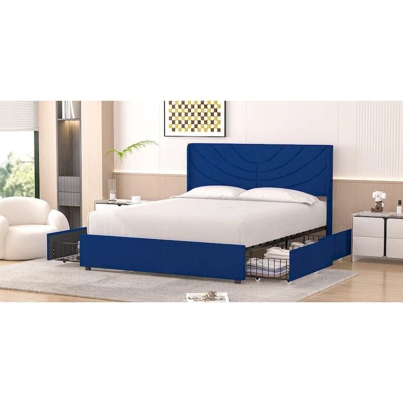 Pink/Blue Velvet Upholstered Bed Frame with Headboard & 4 Storage Drawers, Full/Queen, for 1-2