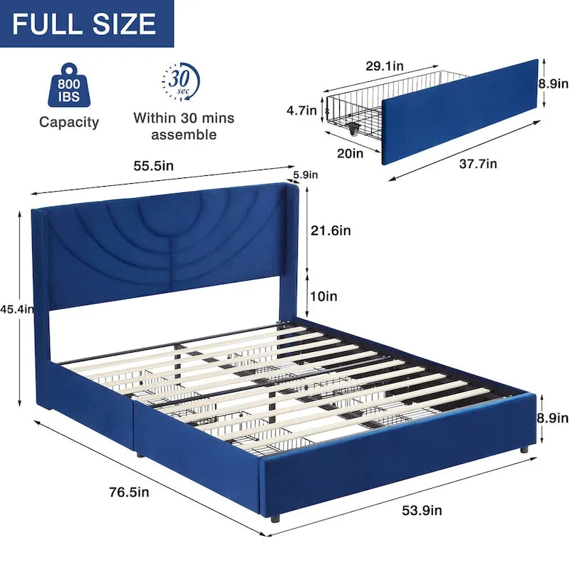 Pink/Blue Velvet Upholstered Bed Frame with Headboard & 4 Storage Drawers, Full/Queen, for 1-2