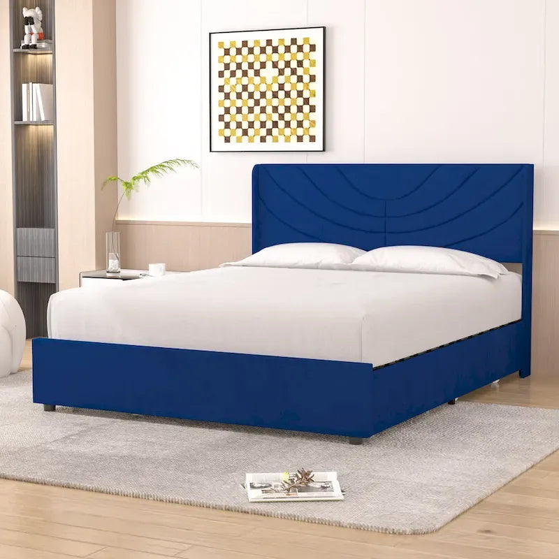 Pink/Blue Velvet Upholstered Bed Frame with Headboard & 4 Storage Drawers, Full/Queen, for 1-2