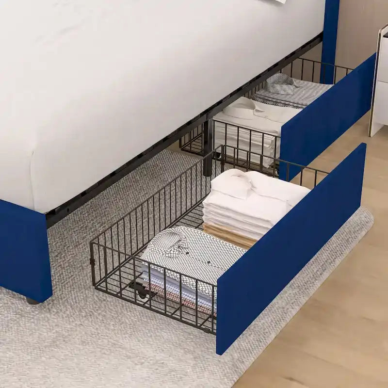 Pink/Blue Velvet Upholstered Bed Frame with Headboard & 4 Storage Drawers, Full/Queen, for 1-2