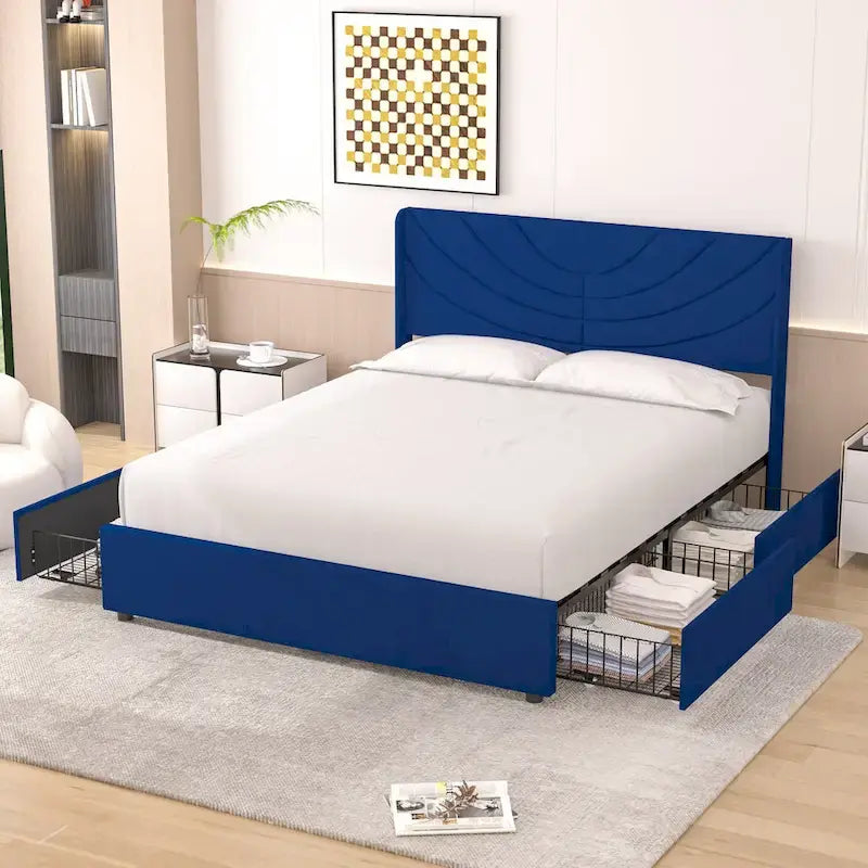 Pink/Blue Velvet Upholstered Bed Frame with Headboard & 4 Storage Drawers, Full/Queen, for 1-2