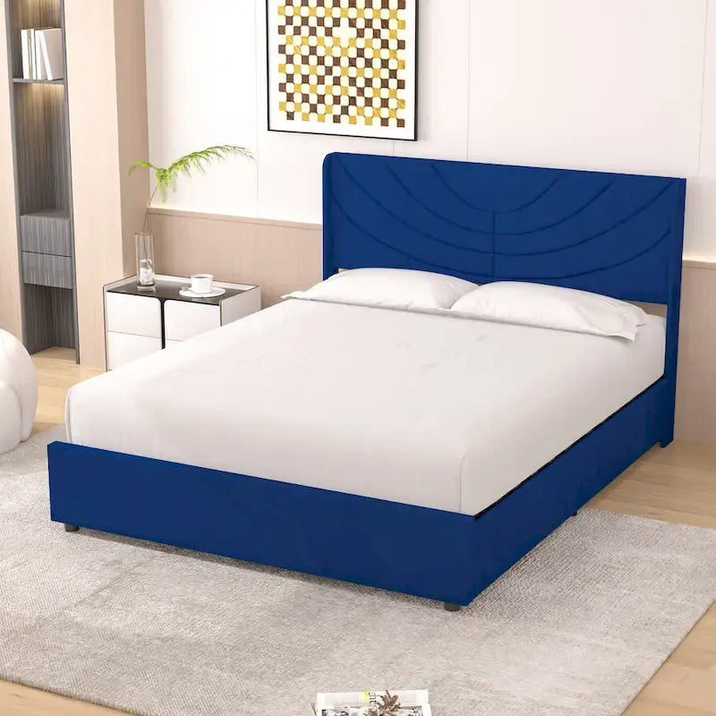 Pink/Blue Velvet Upholstered Bed Frame with Headboard & 4 Storage Drawers, Full/Queen, for 1-2