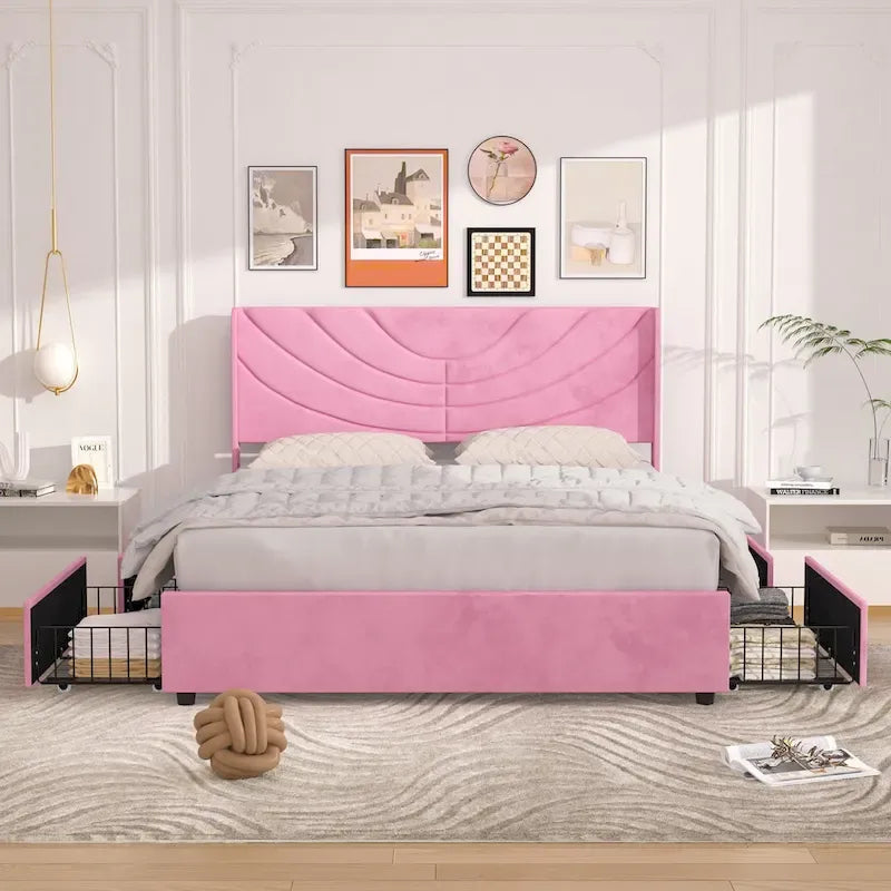 Pink/Blue Velvet Upholstered Bed Frame with Headboard & 4 Storage Drawers, Full/Queen, for 1-2
