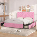 Pink/Blue Velvet Upholstered Bed Frame with Headboard & 4 Storage Drawers, Full/Queen, for 1-2