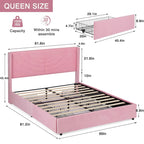 Pink/Blue Velvet Upholstered Bed Frame with Headboard & 4 Storage Drawers, Full/Queen, for 1-2