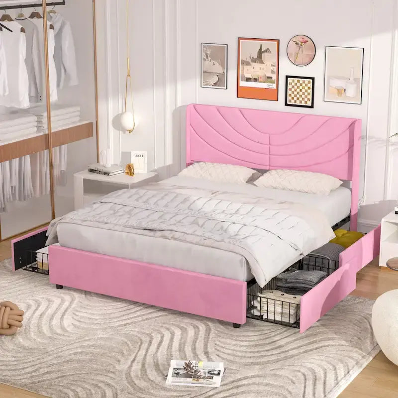 Pink/Blue Velvet Upholstered Bed Frame with Headboard & 4 Storage Drawers, Full/Queen, for 1-2