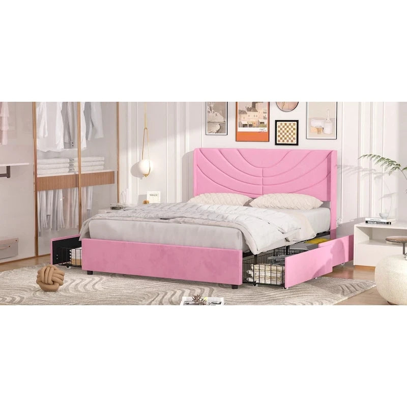 Pink/Blue Velvet Upholstered Bed Frame with Headboard & 4 Storage Drawers, Full/Queen, for 1-2