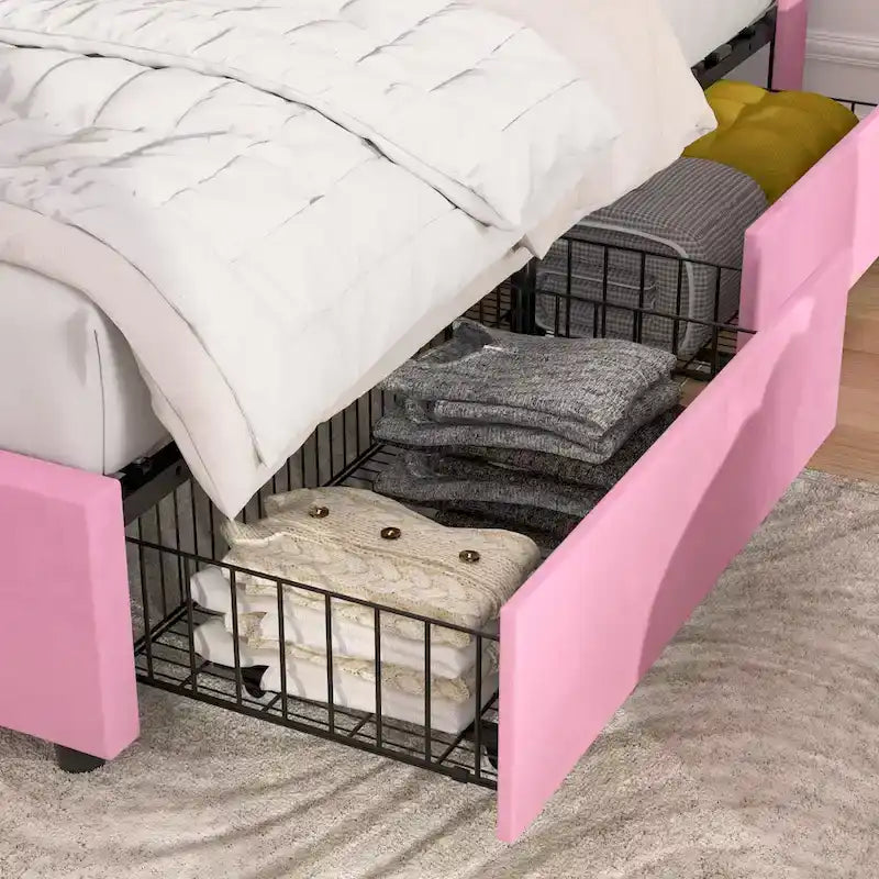 Pink/Blue Velvet Upholstered Bed Frame with Headboard & 4 Storage Drawers, Full/Queen, for 1-2