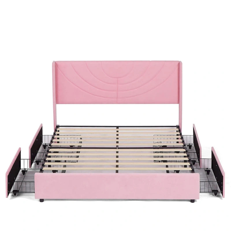 Pink/Blue Velvet Upholstered Bed Frame with Headboard & 4 Storage Drawers, Full/Queen, for 1-2