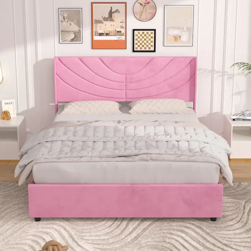 Pink/Blue Velvet Upholstered Bed Frame with Headboard & 4 Storage Drawers, Full/Queen, for 1-2