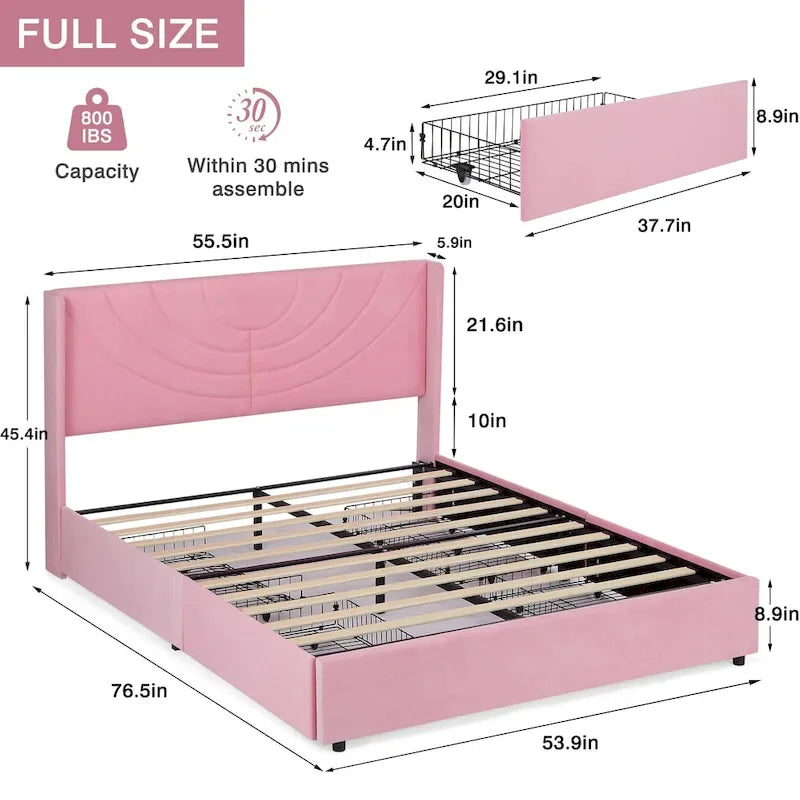 Pink/Blue Velvet Upholstered Bed Frame with Headboard & 4 Storage Drawers, Full/Queen, for 1-2
