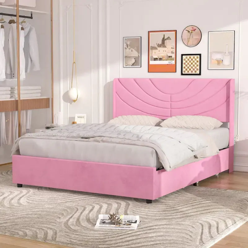 Pink/Blue Velvet Upholstered Bed Frame with Headboard & 4 Storage Drawers, Full/Queen, for 1-2