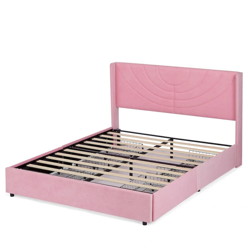 Pink/Blue Velvet Upholstered Bed Frame with Headboard & 4 Storage Drawers, Full/Queen, for 1-2