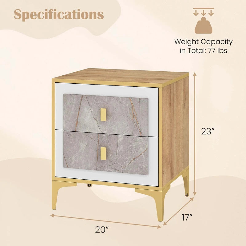White & Gold Faux Marble Nightstand with Drawer & Shelf, 1 or 2 PCS