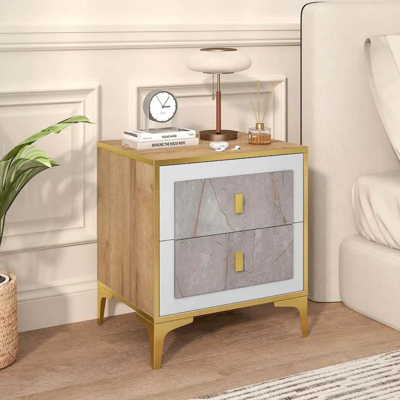 White & Gold Faux Marble Nightstand with Drawer & Shelf, 1 or 2 PCS