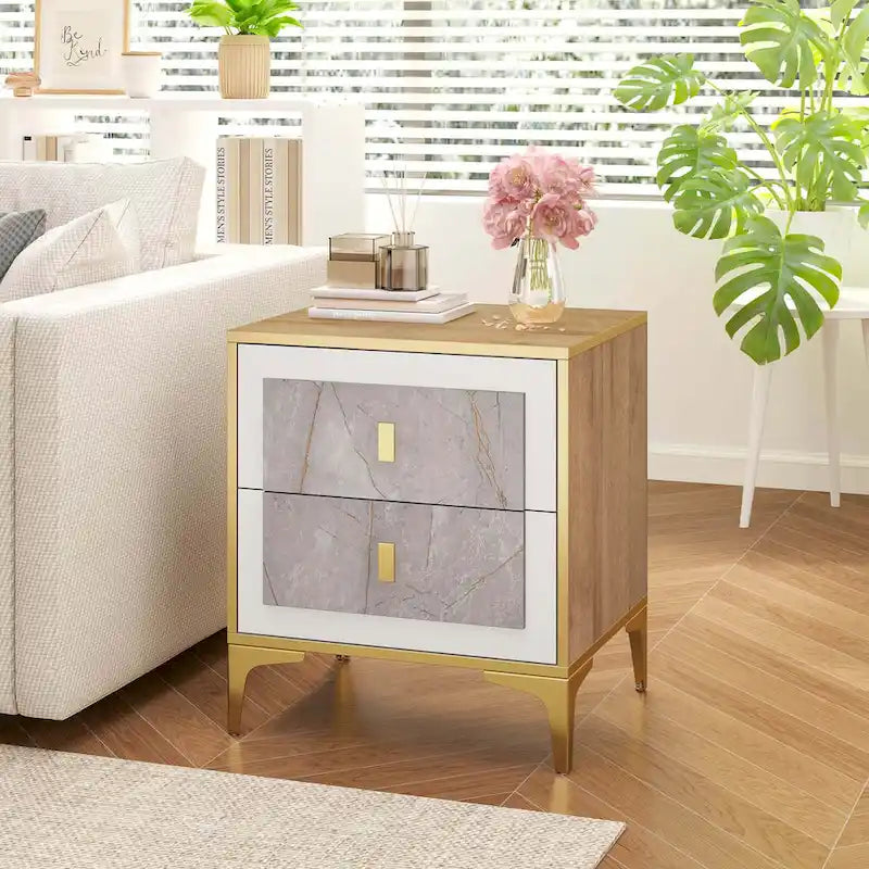 White & Gold Faux Marble Nightstand with Drawer & Shelf, 1 or 2 PCS
