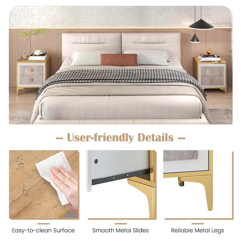 White & Gold Faux Marble Nightstand with Drawer & Shelf, 1 or 2 PCS