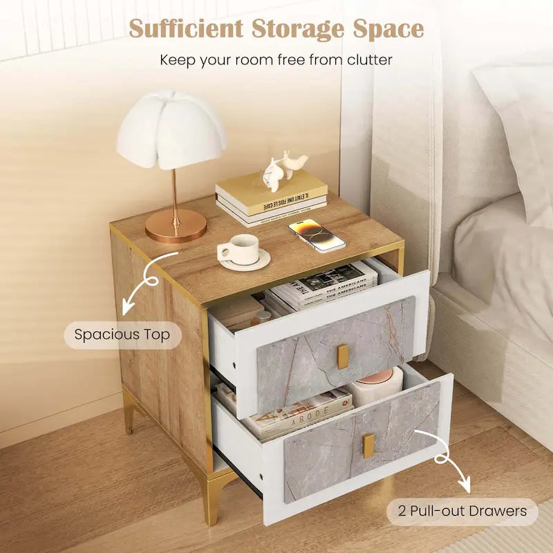 White & Gold Faux Marble Nightstand with Drawer & Shelf, 1 or 2 PCS