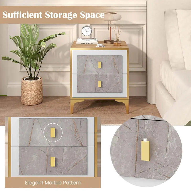 White & Gold Faux Marble Nightstand with Drawer & Shelf, 1 or 2 PCS