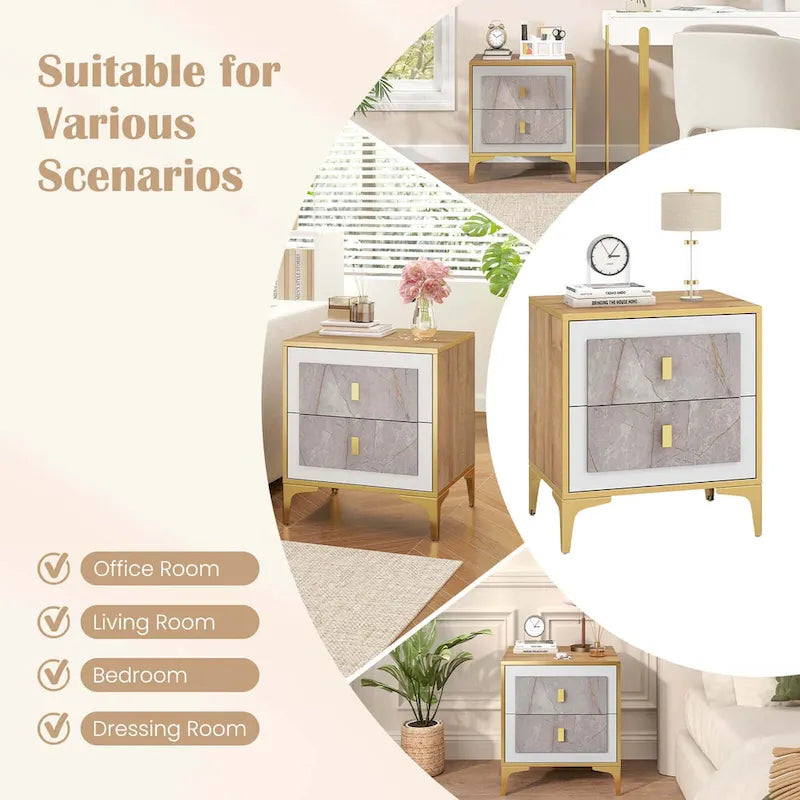 White & Gold Faux Marble Nightstand with Drawer & Shelf, 1 or 2 PCS