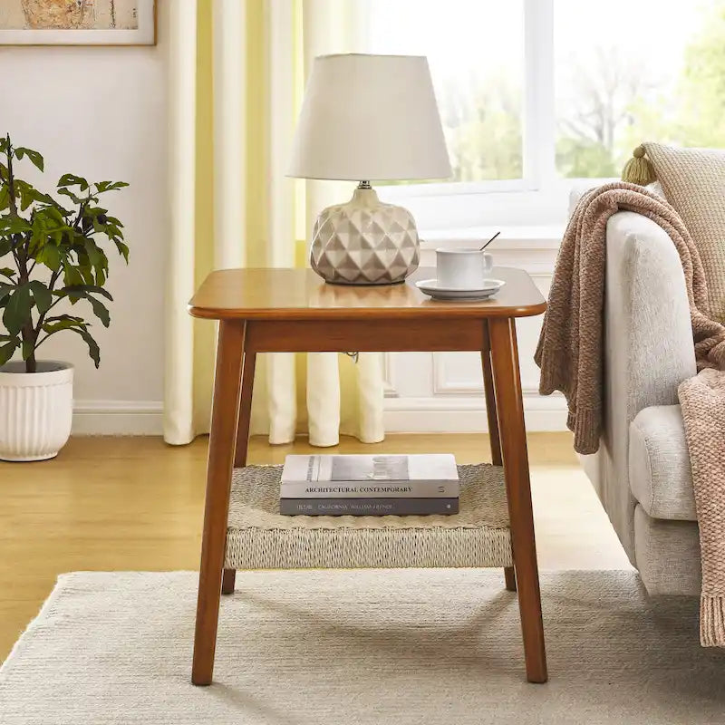 Walnut Square Side Table with Rattan Woven Shelf, for 1