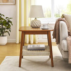 Walnut Square Side Table with Rattan Woven Shelf, for 1