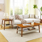 Walnut Square Side Table with Rattan Woven Shelf, for 1