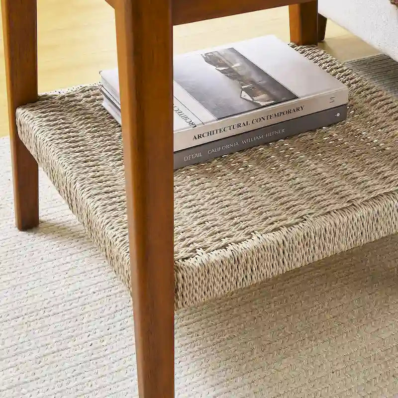 Walnut Square Side Table with Rattan Woven Shelf, for 1