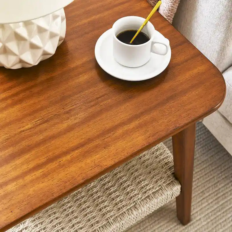 Walnut Square Side Table with Rattan Woven Shelf, for 1