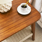 Walnut Square Side Table with Rattan Woven Shelf, for 1