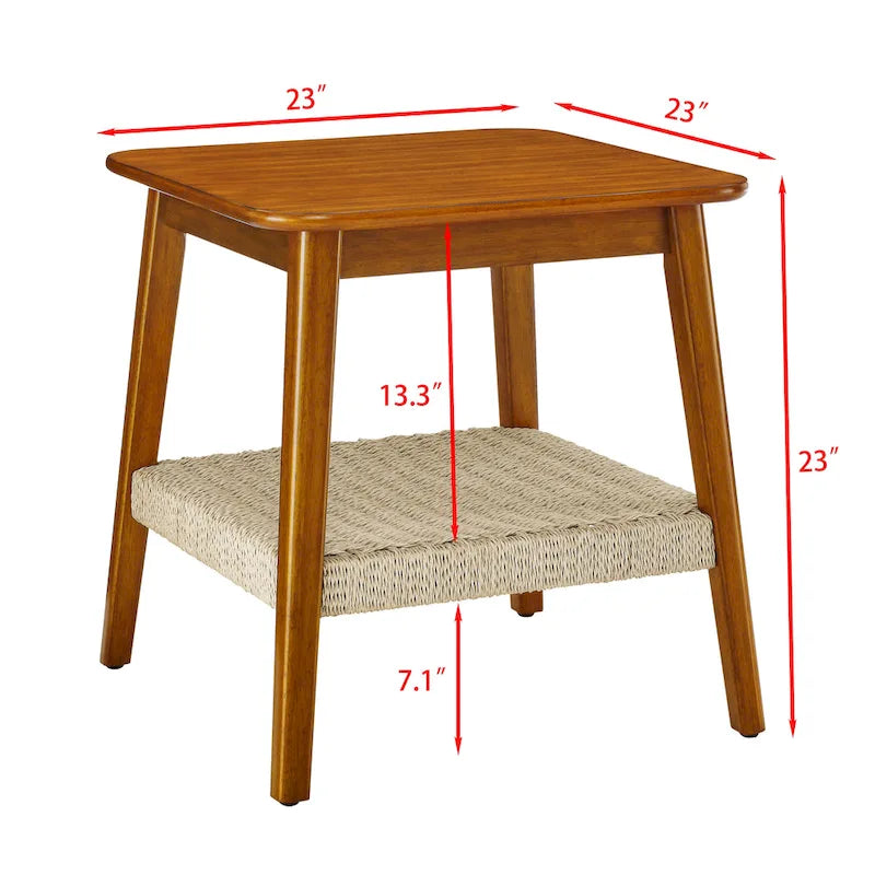 Walnut Square Side Table with Rattan Woven Shelf, for 1