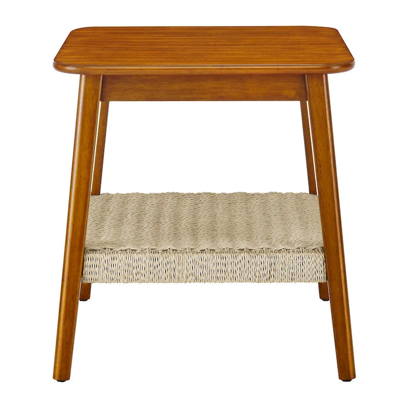 Walnut Square Side Table with Rattan Woven Shelf, for 1