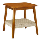 Walnut Square Side Table with Rattan Woven Shelf, for 1
