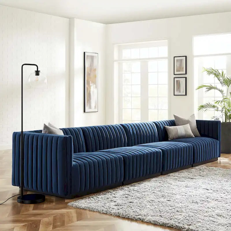 Black Channel Tufted Velvet 3-Seater Sofa, 4-Piece