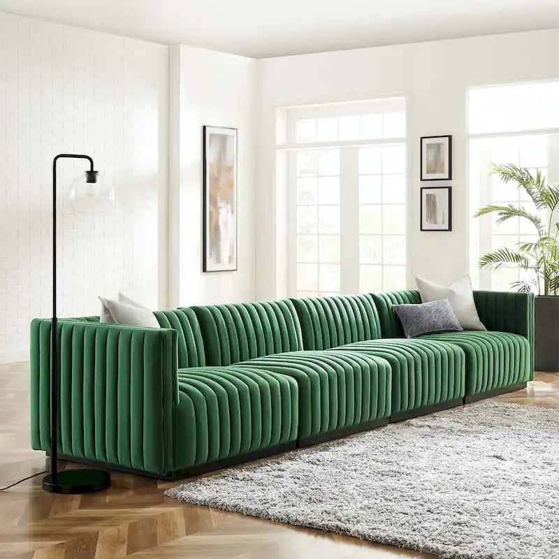 Black Channel Tufted Velvet 3-Seater Sofa, 4-Piece