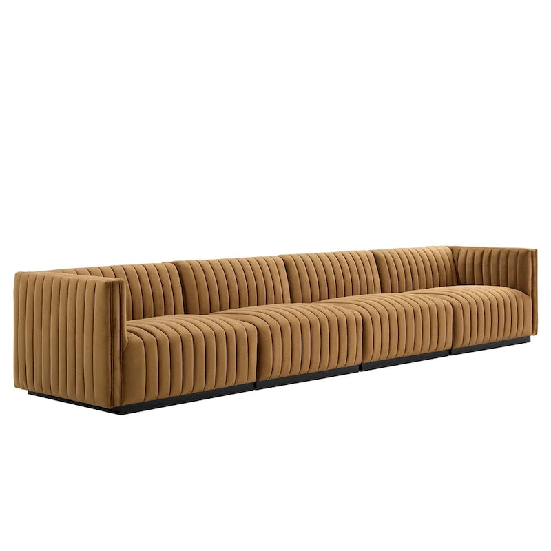 Black Channel Tufted Velvet 3-Seater Sofa, 4-Piece