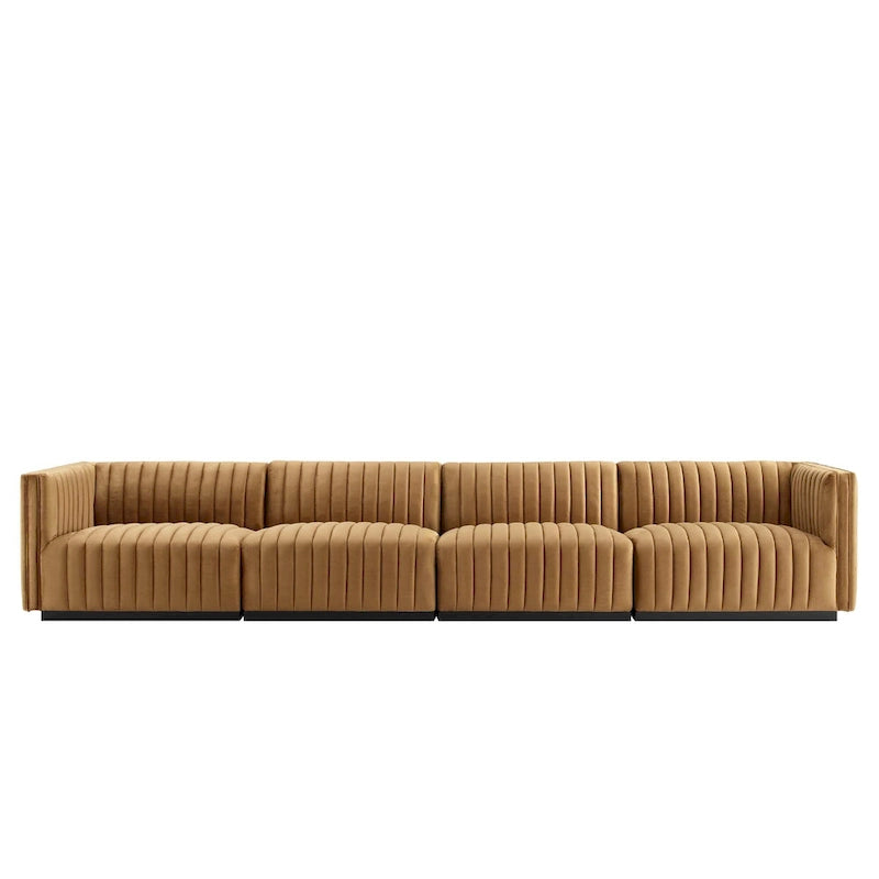 Black Channel Tufted Velvet 3-Seater Sofa, 4-Piece