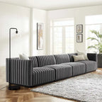 Black Channel Tufted Velvet 3-Seater Sofa, 4-Piece