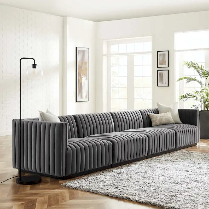 Black Channel Tufted Velvet 3-Seater Sofa, 4-Piece