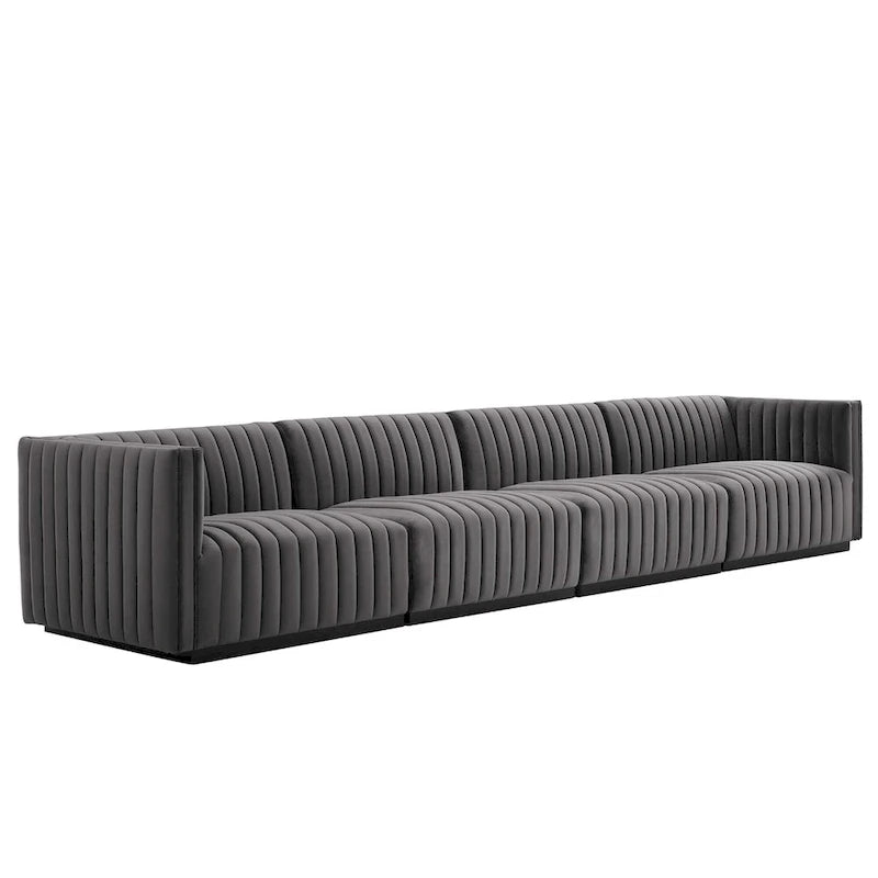Black Channel Tufted Velvet 3-Seater Sofa, 4-Piece