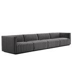 Black Channel Tufted Velvet 3-Seater Sofa, 4-Piece
