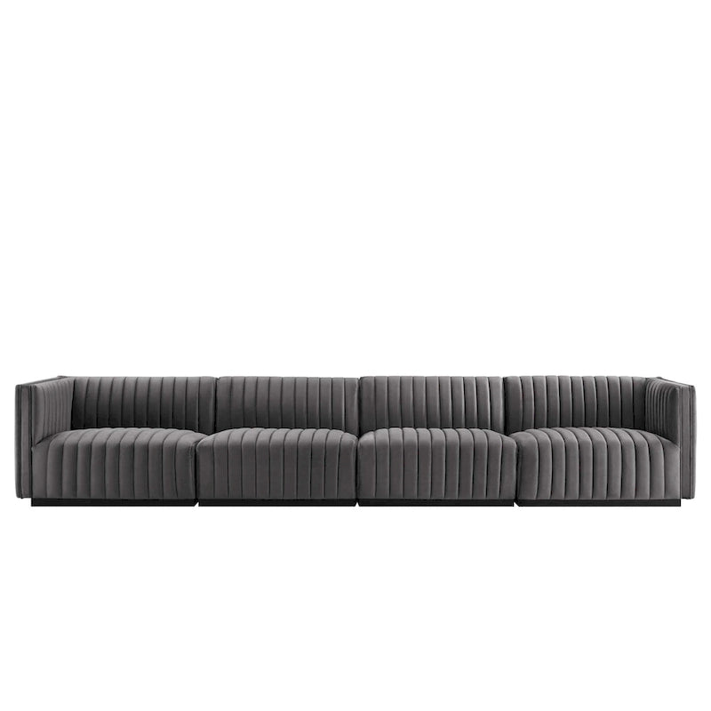 Black Channel Tufted Velvet 3-Seater Sofa, 4-Piece