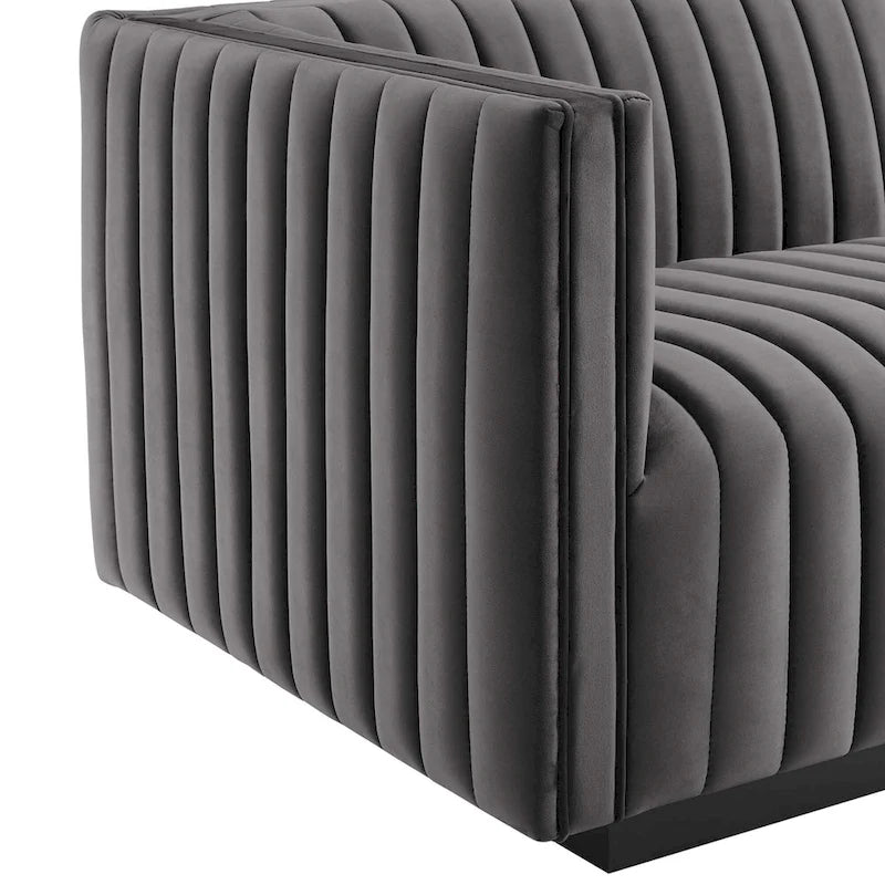 Black Channel Tufted Velvet 3-Seater Sofa, 4-Piece