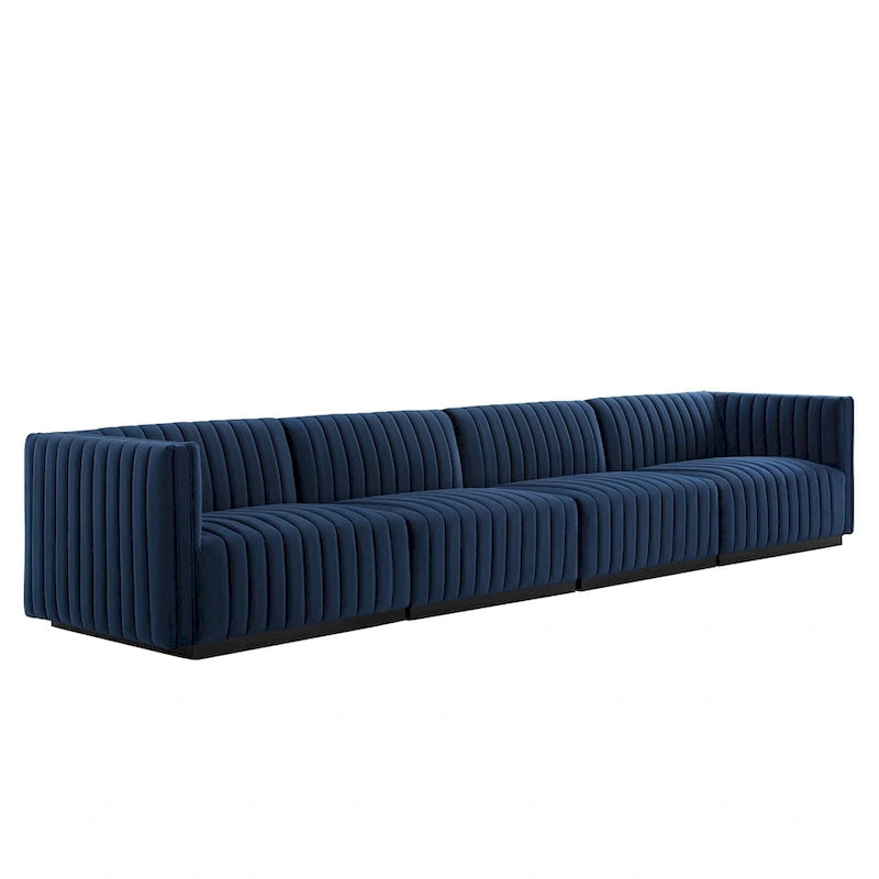 Black Channel Tufted Velvet 3-Seater Sofa, 4-Piece