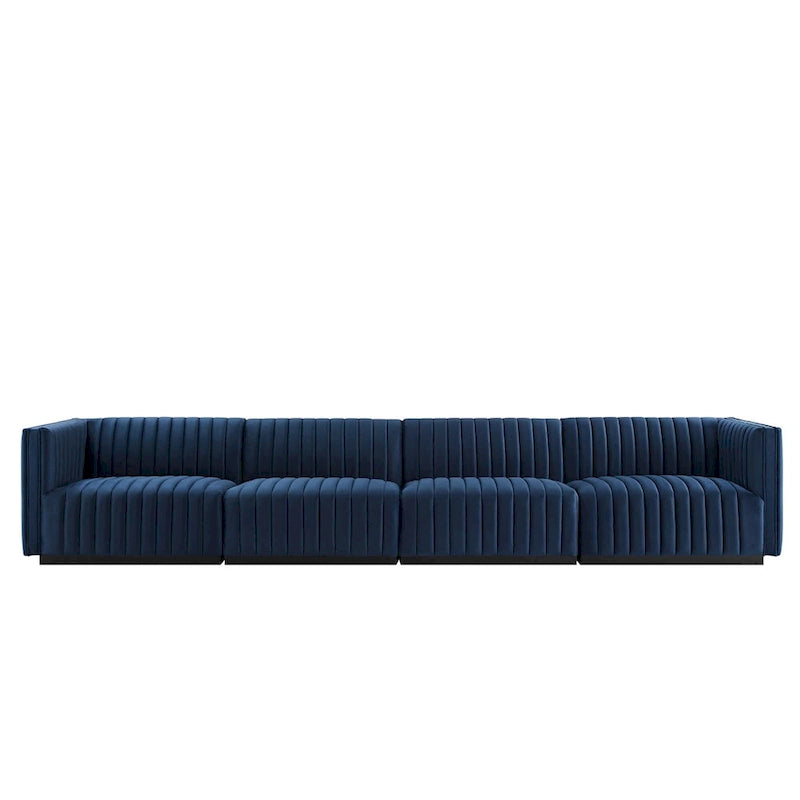 Black Channel Tufted Velvet 3-Seater Sofa, 4-Piece