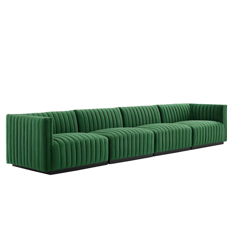 Black Channel Tufted Velvet 3-Seater Sofa, 4-Piece