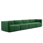 Black Channel Tufted Velvet 3-Seater Sofa, 4-Piece