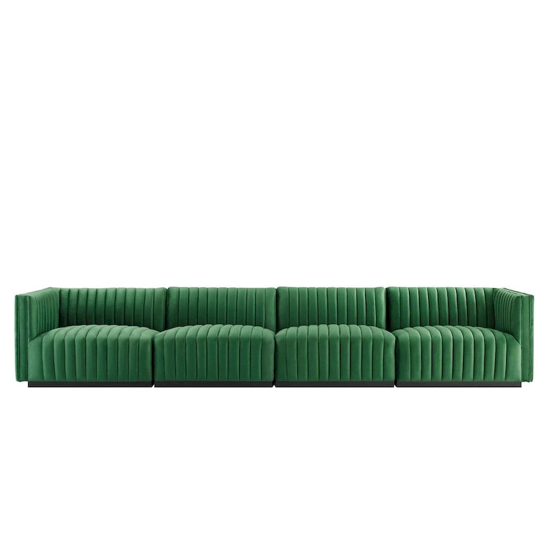 Black Channel Tufted Velvet 3-Seater Sofa, 4-Piece