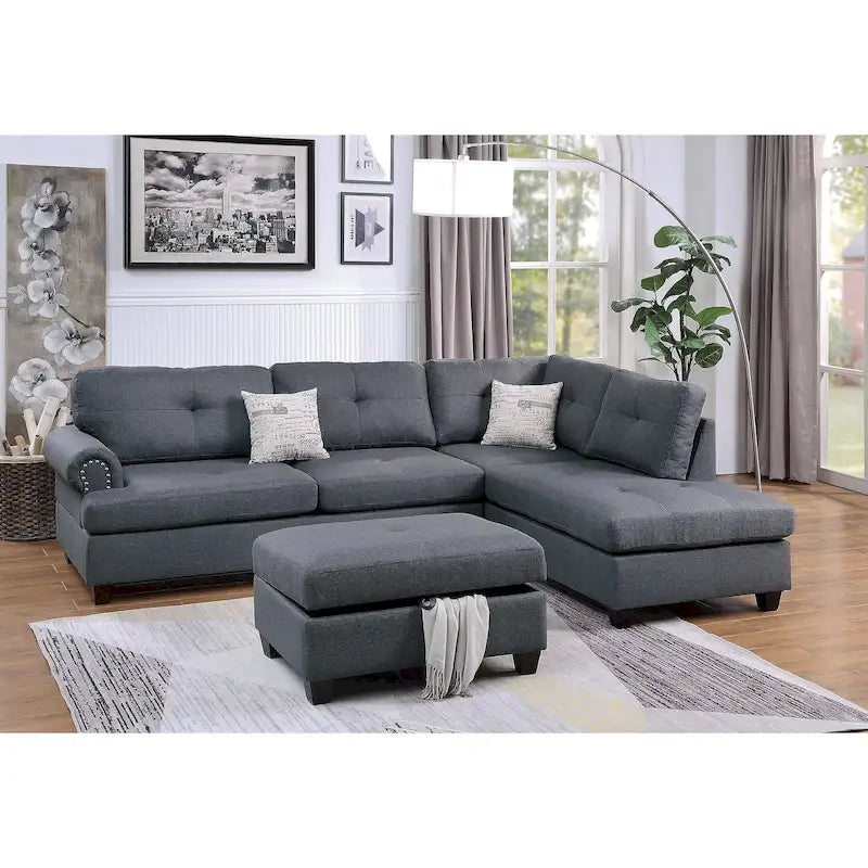 Blue Grey / Ash Black / Mocha 3-Seat Reversible Sectional Sofa Set