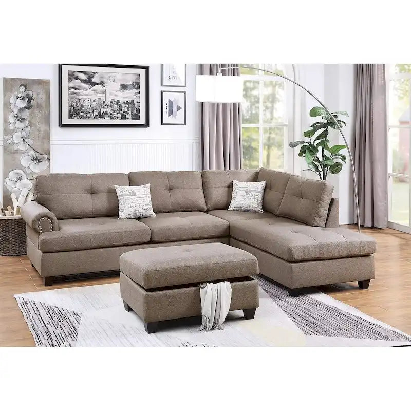 Blue Grey / Ash Black / Mocha 3-Seat Reversible Sectional Sofa Set